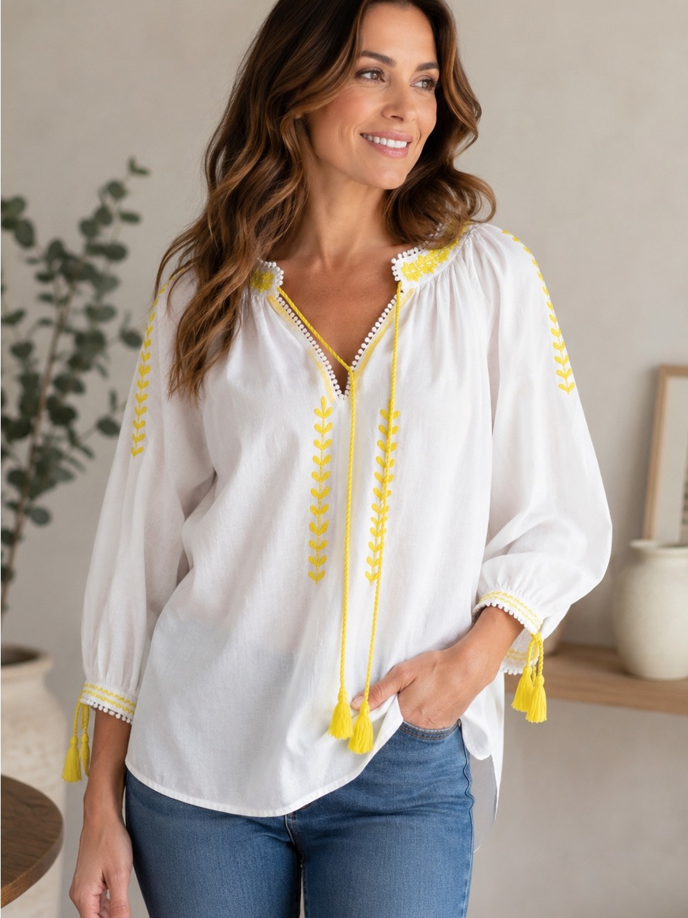 White Boho Peasant Blouse with Yellow 🧵 Embroidery